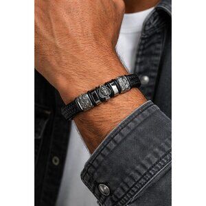 Men’s Black Braided Leather Bracelet | Stainless Steel | NEW